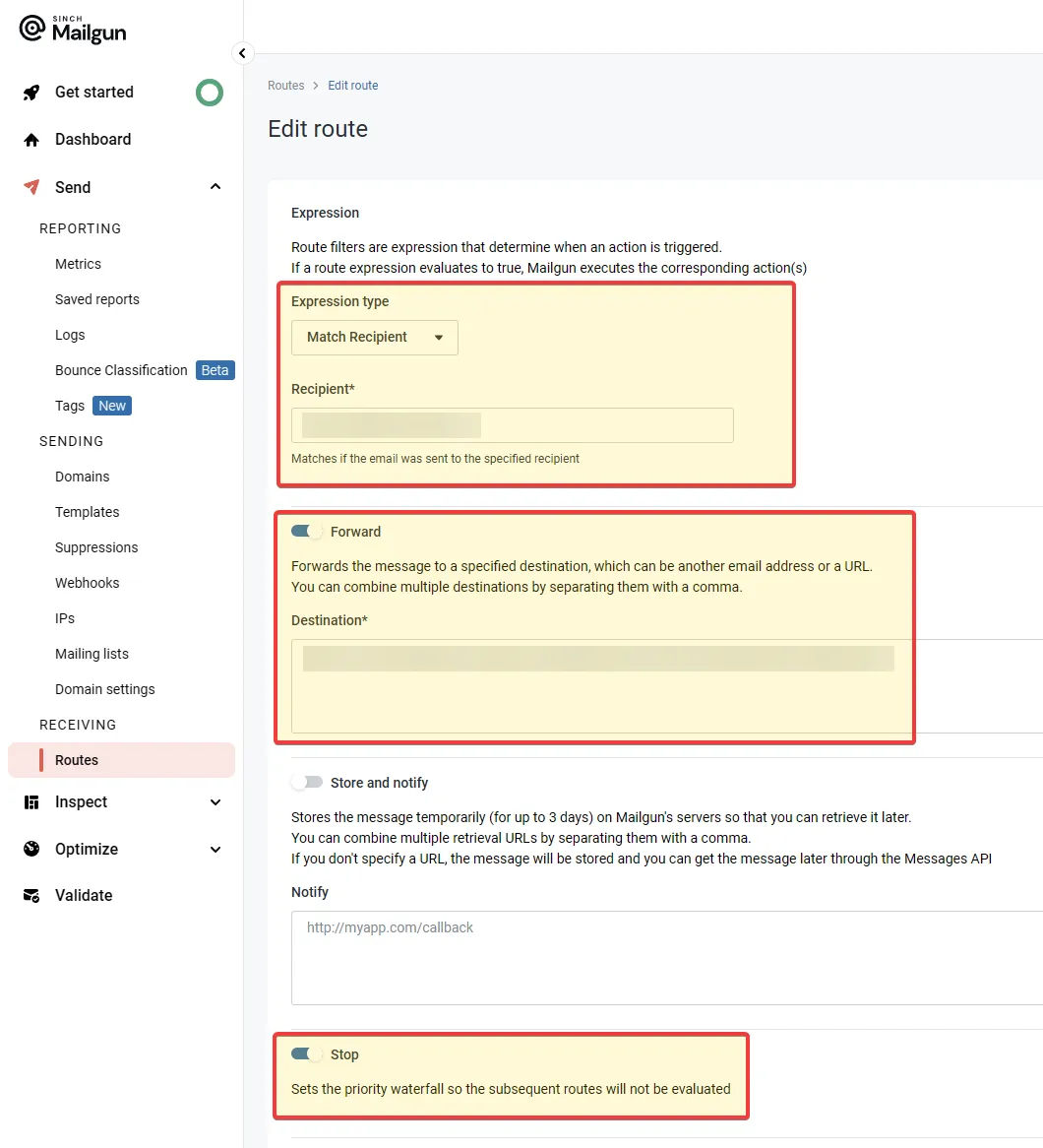 Mailgun Route Settings